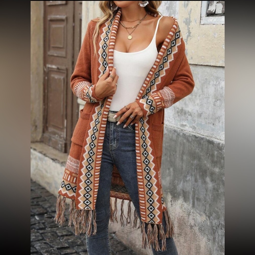 Bohemian Fringe Front Pocket Long Open Knit Cardigan Sweater
